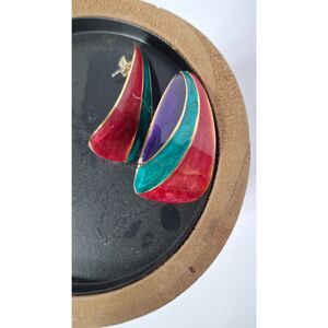 Earrings gold tone pink green purple, post, vintage